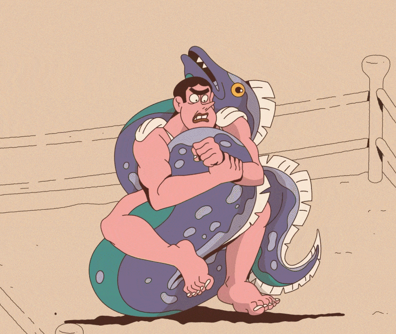 Cartoon of a man choking an eel in a wrestling ring.